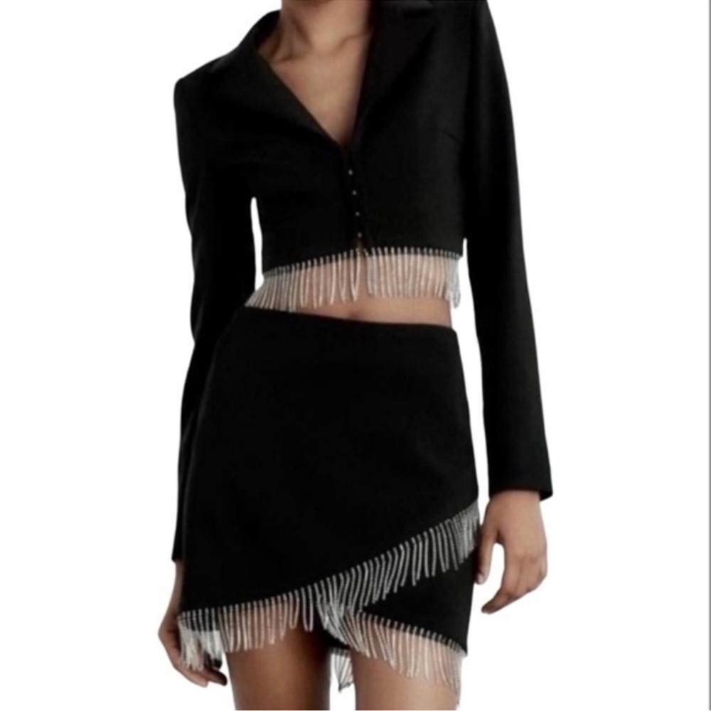 House Of Harlow 1960 Two Piece Black Rhinestone Fringe Blazer Mini Skirt Set